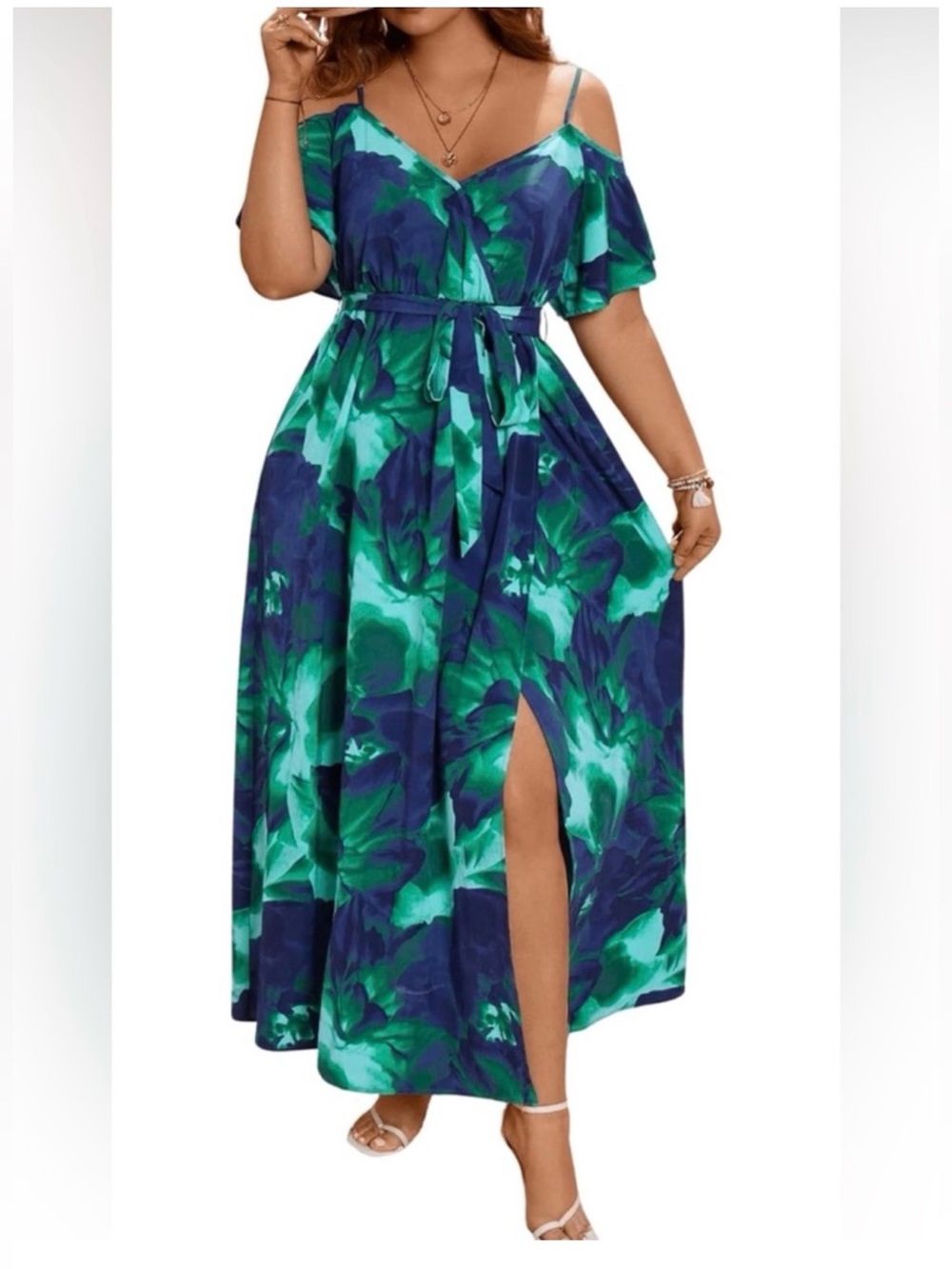 Floerns Floral Maxi Dress 3X Green Navy Boho Resort Vacation Beach A-Line Plus